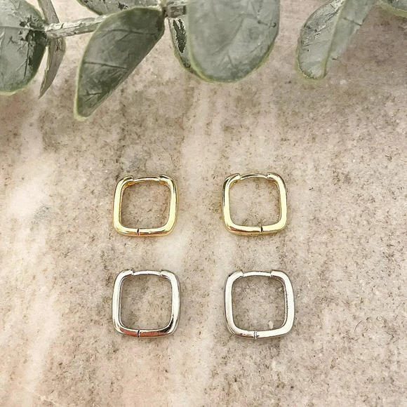 925 Sterling Silver Square Earrings Geometric Huggie Hoop Earrings - Picture 2 of 7